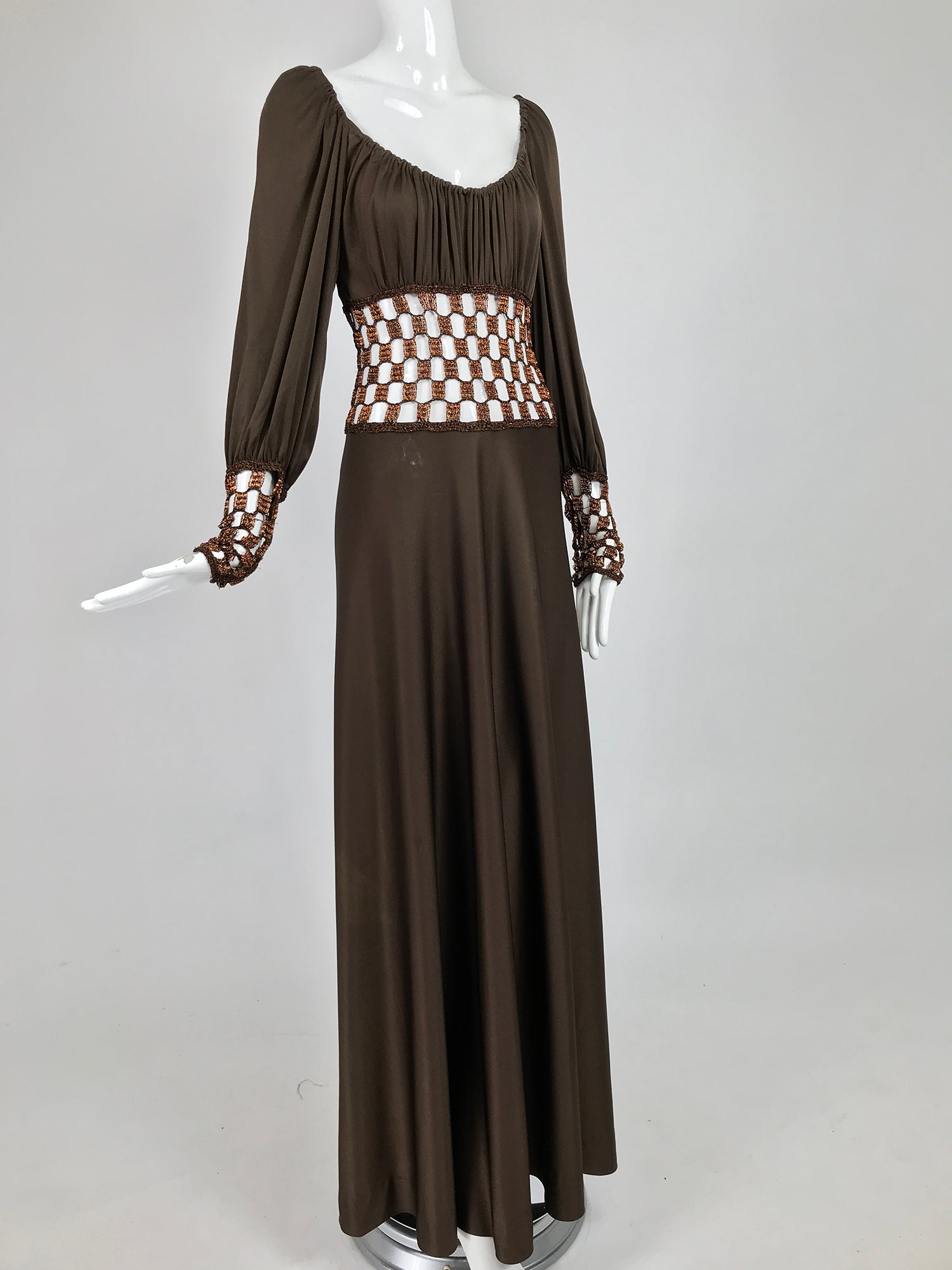 Luis Estevez Maxi Dress, Gold Metallic Gown, Bishop Sleeves, 1960s 1970s  60s 70s Gown Grecian Goddess, Metallic Lame, High Neck Floor Length 