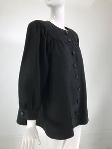 Oscar de la Renta Black Linen Button Front Full Sleeve Hip Pocket Jacket 1980s