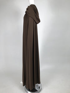 Loris Azzaro Couture Chocolate Brown Silky Jersey Full Length Hooded Cape 1970s