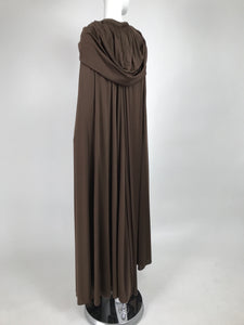 Loris Azzaro Couture Chocolate Brown Silky Jersey Full Length Hooded Cape 1970s