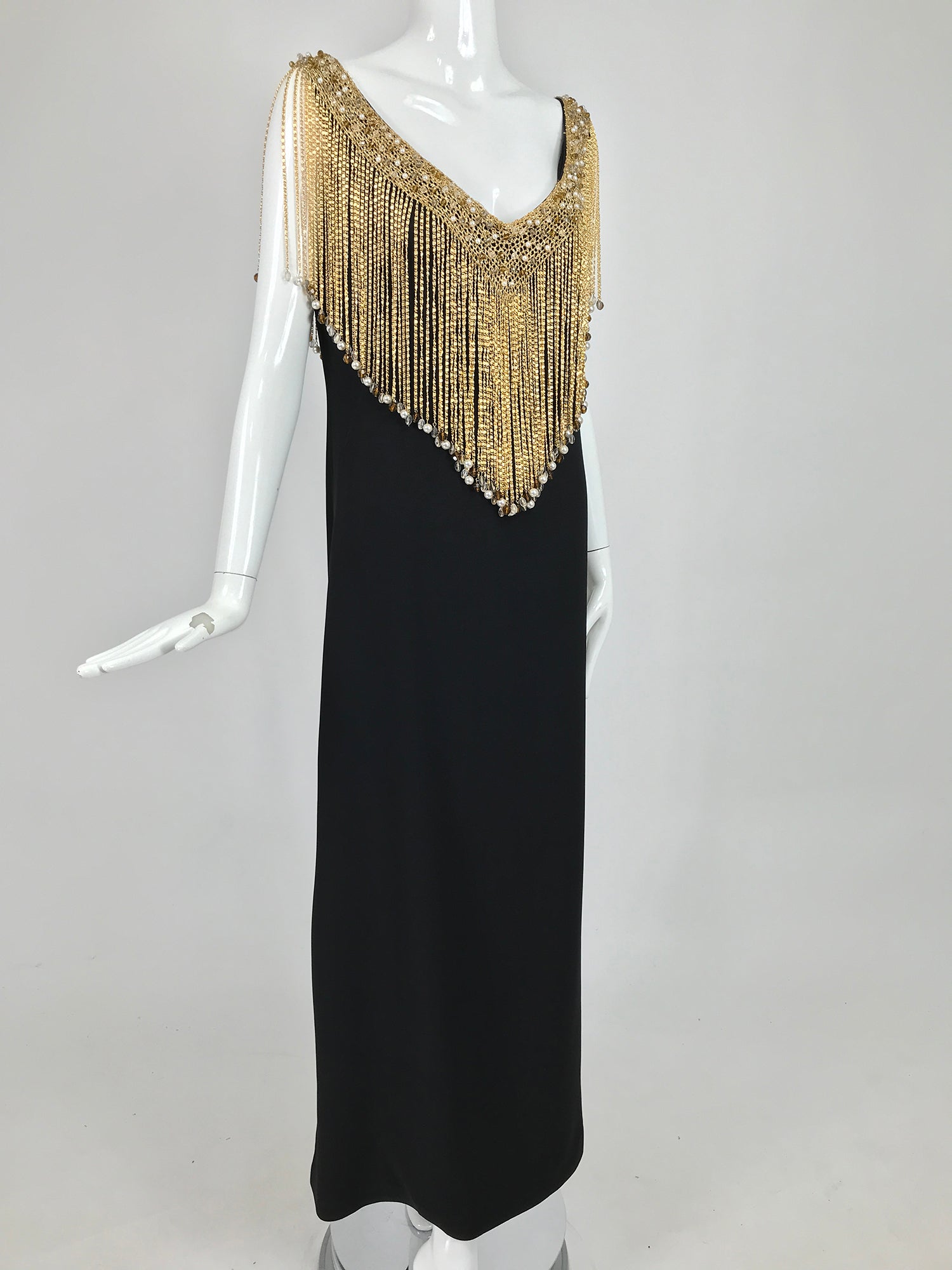 SOLD Loris Azzaro Couture Gold Chain Fringe Collar Black Maxi Dress 19 Palm Beach Vintage SOLD Loris Azzaro Couture Gold Chain Fringe Collar Black Maxi Dress 19 Palm Beach Vintage