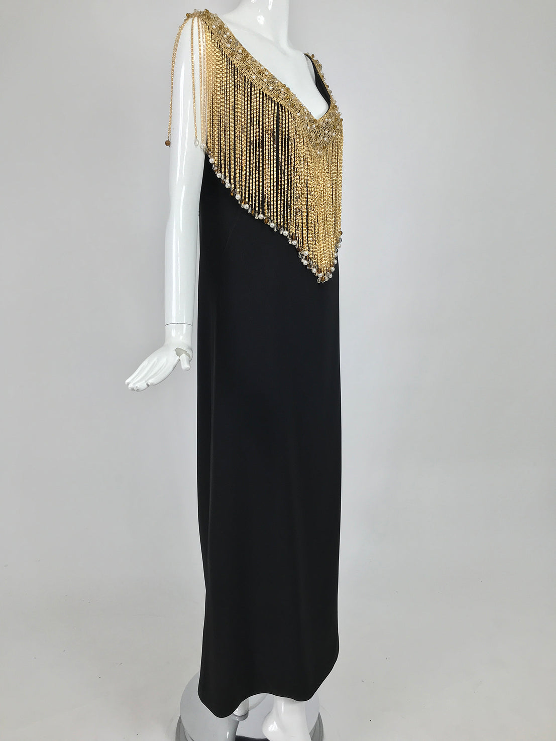 SOLD Loris Azzaro Couture Gold Chain Fringe Collar Black Maxi Dress 19 –  Palm Beach Vintage