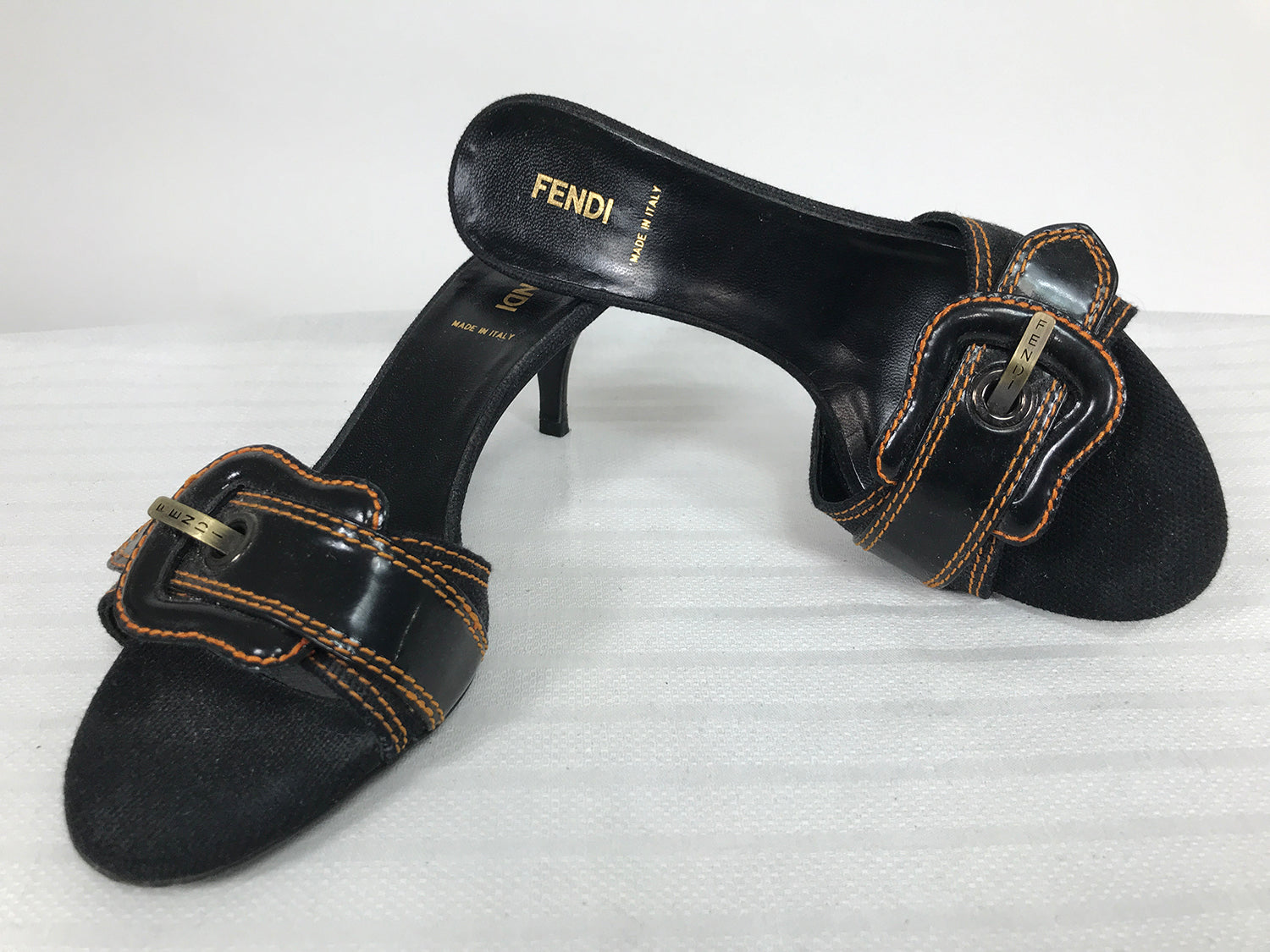 SOLD Fendi Black Patent Leather High Heel Mules with Big Buckles