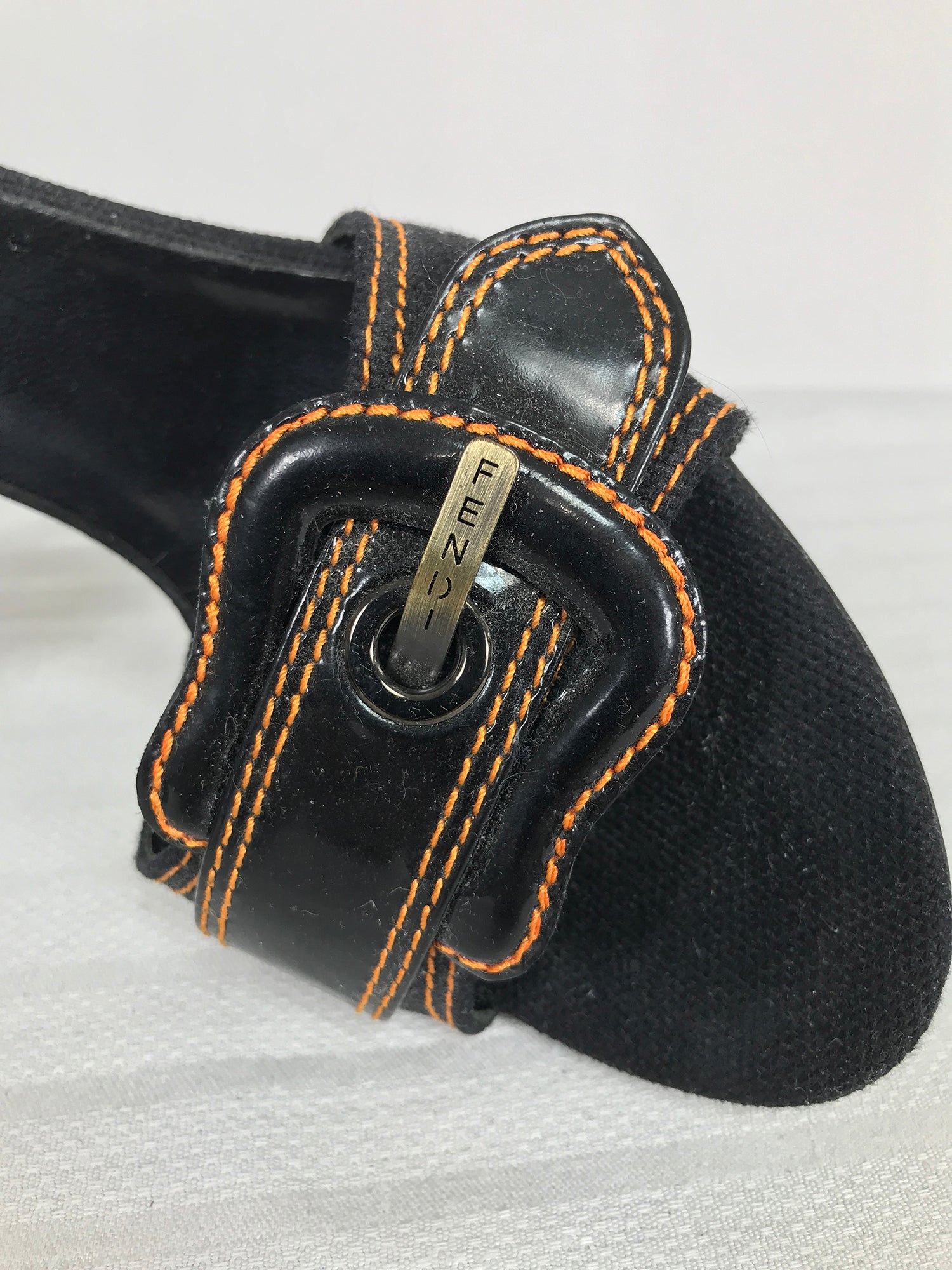 SOLD Fendi Black Patent Leather High Heel Mules with Big Buckles