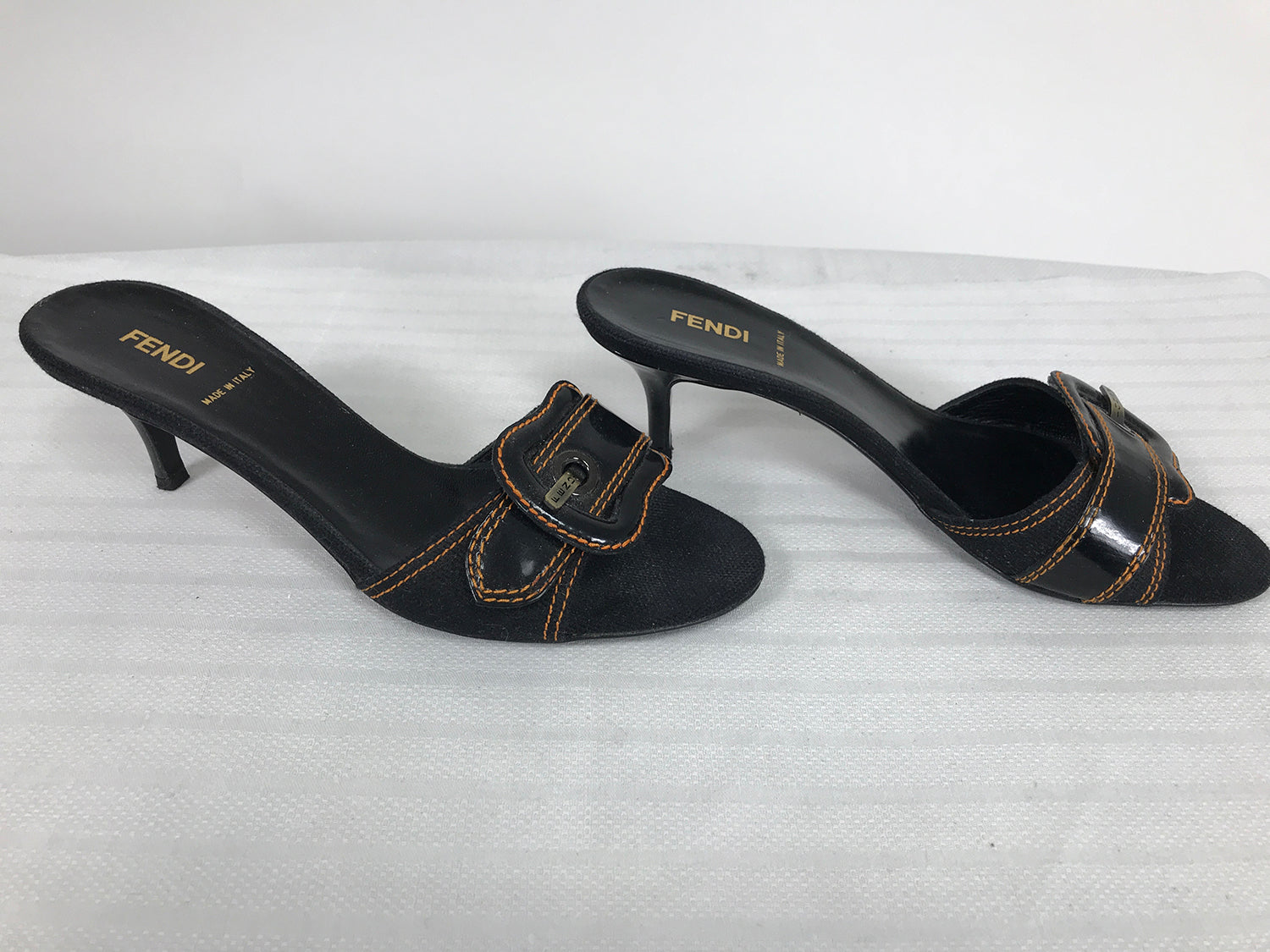 SOLD Fendi Black Patent Leather High Heel Mules with Big Buckles