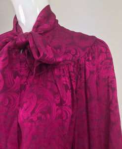 Yves Saint Laurent Fuchsia Silk Jacquard Bow Tie Blouse 1980s
