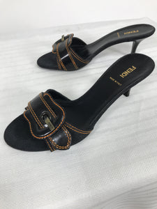SOLD Fendi Black Patent Leather High Heel Mules with Big Buckles