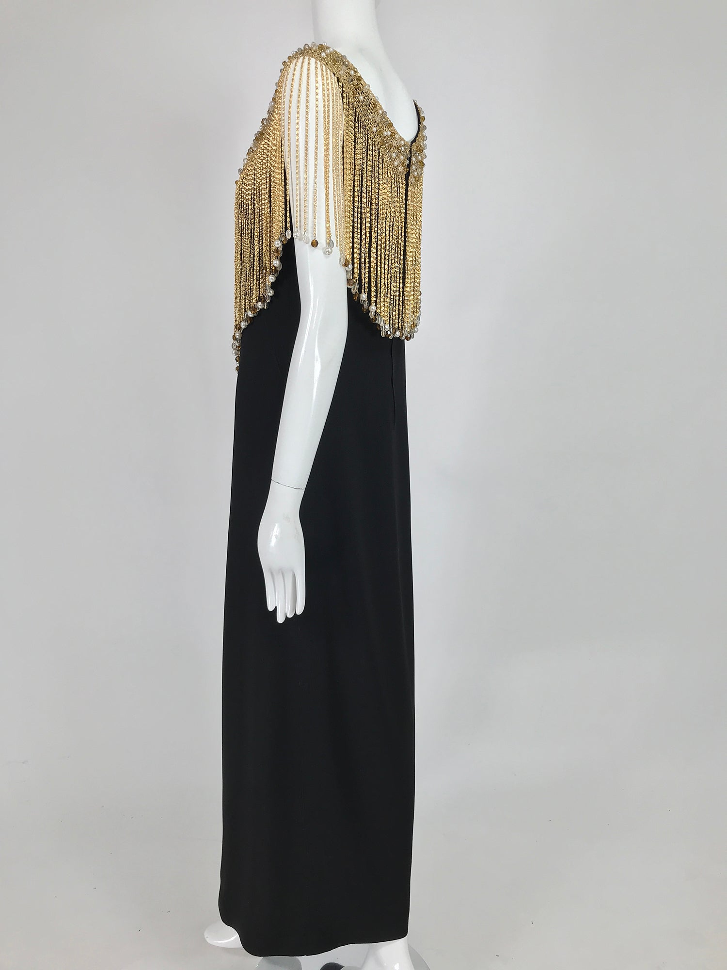 SOLD Loris Azzaro Couture Gold Chain Fringe Collar Black Maxi Dress 19 Palm Beach Vintage SOLD Loris Azzaro Couture Gold Chain Fringe Collar Black Maxi Dress 19 Palm Beach Vintage