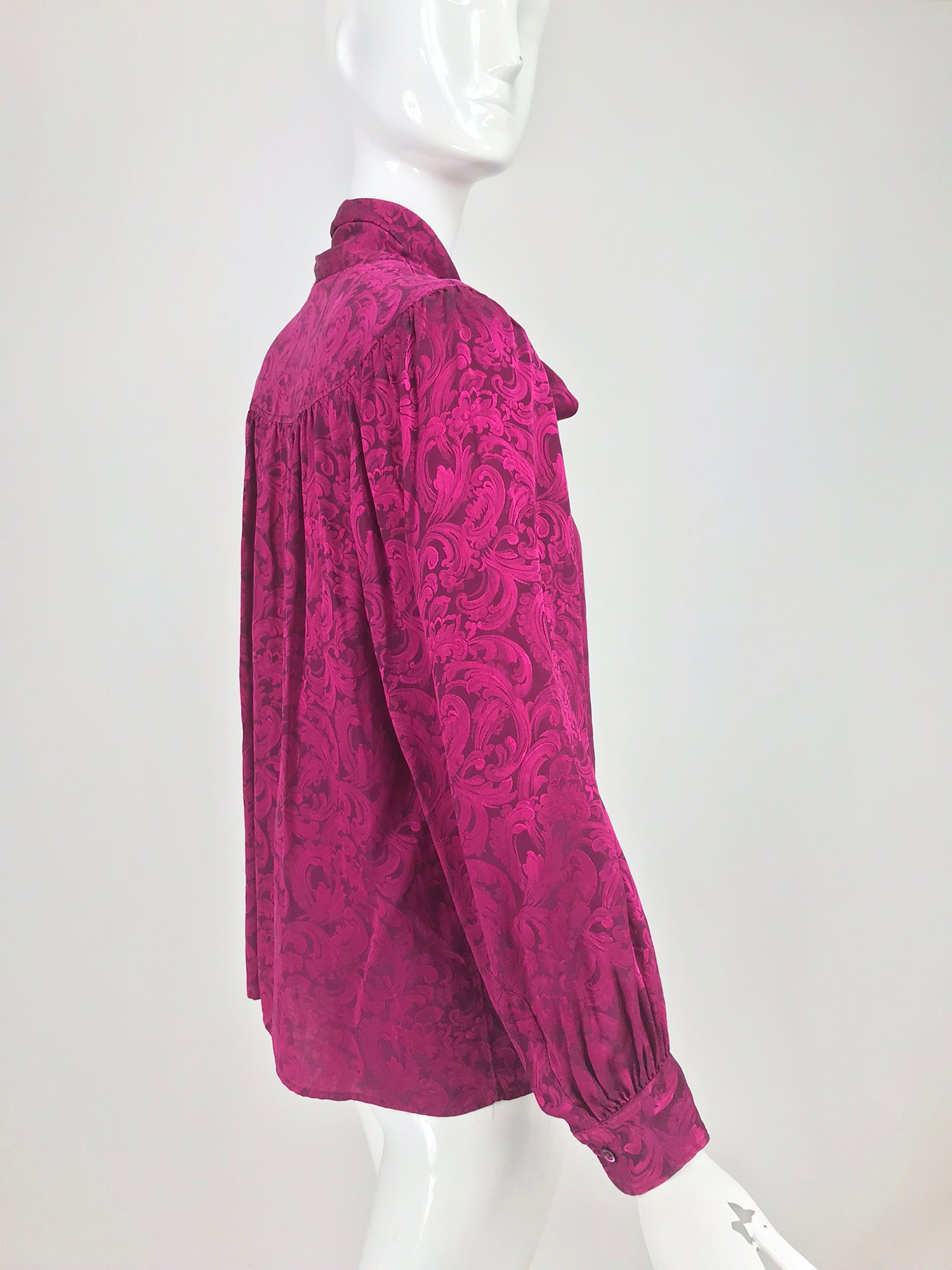 Yves Saint Laurent Fuchsia Silk Jacquard Bow Tie Blouse 1980s