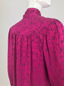 Yves Saint Laurent Fuchsia Silk Jacquard Bow Tie Blouse 1980s