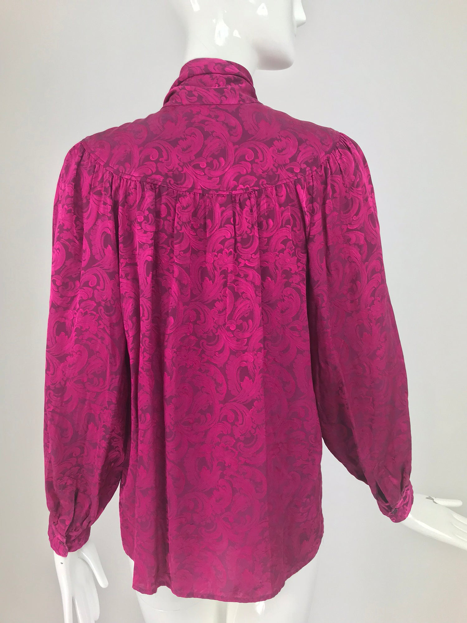 Yves Saint Laurent Fuchsia Silk Jacquard Bow Tie Blouse 1980s