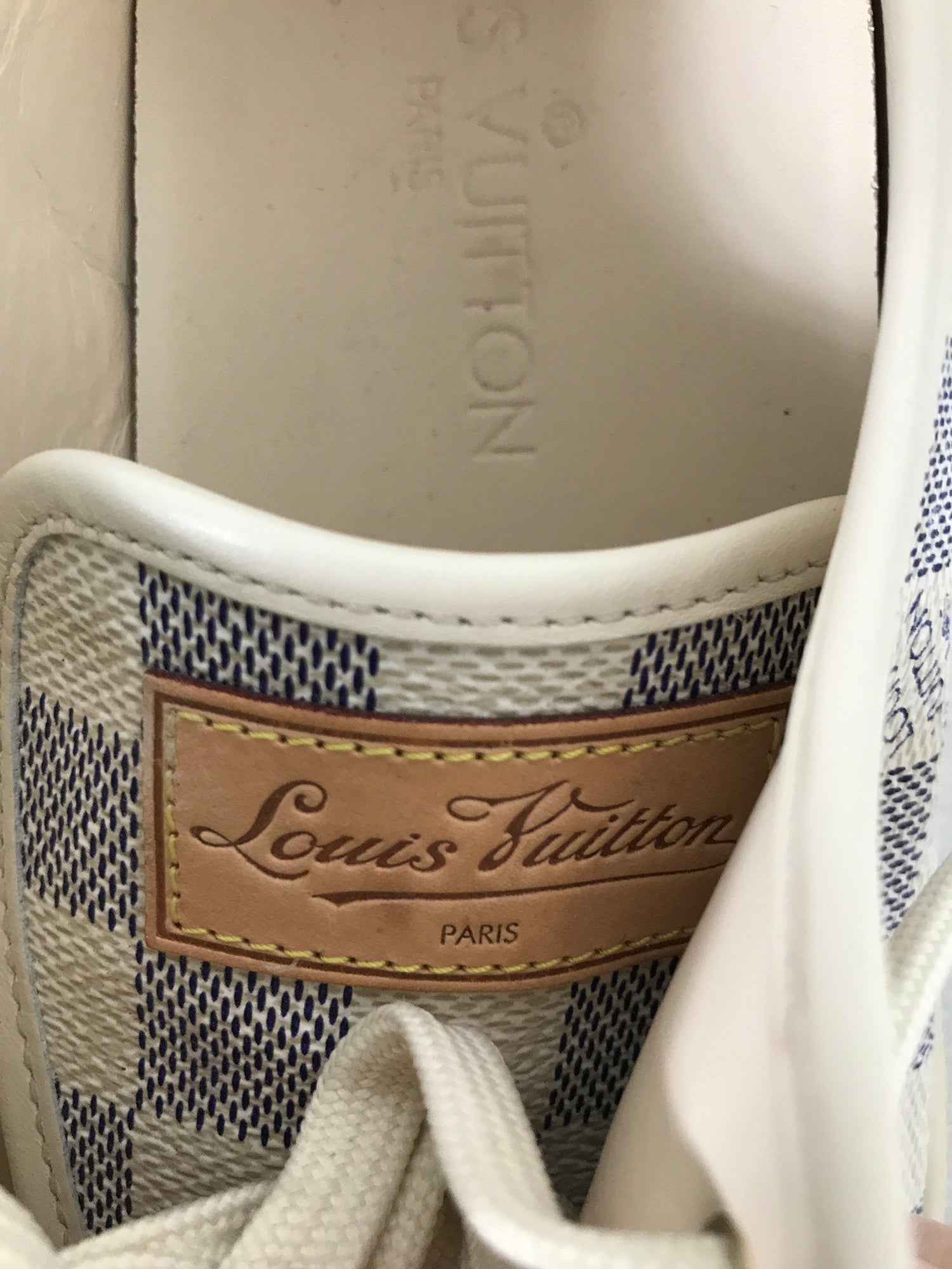 SOLD Louis Vuitton Damier Azur Womens Cream Leather Sneakers Gold Hard –  Palm Beach Vintage