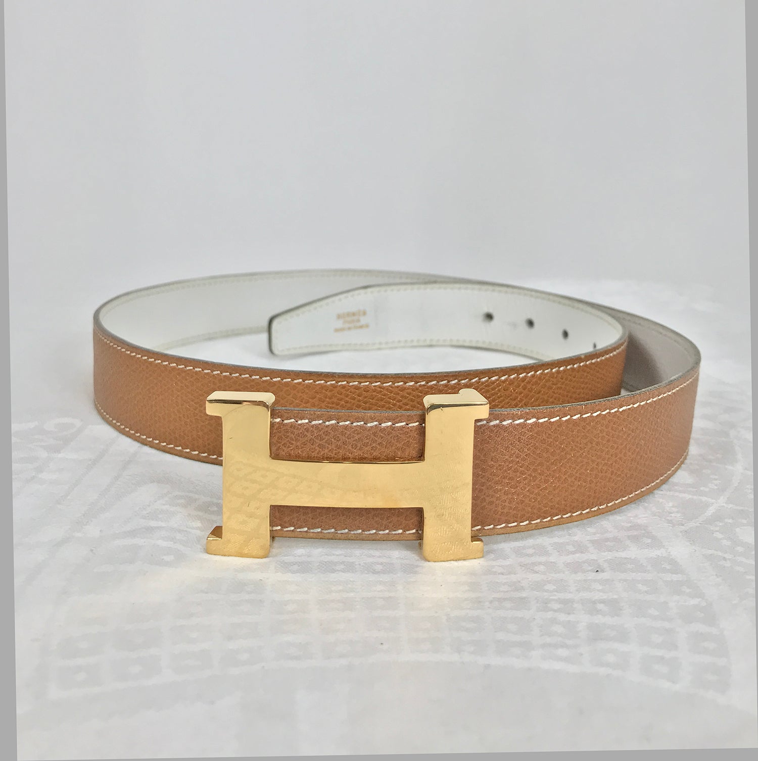 SOLD Hermes Gold Constance H Buckle and Tan Cream Belt Vintage