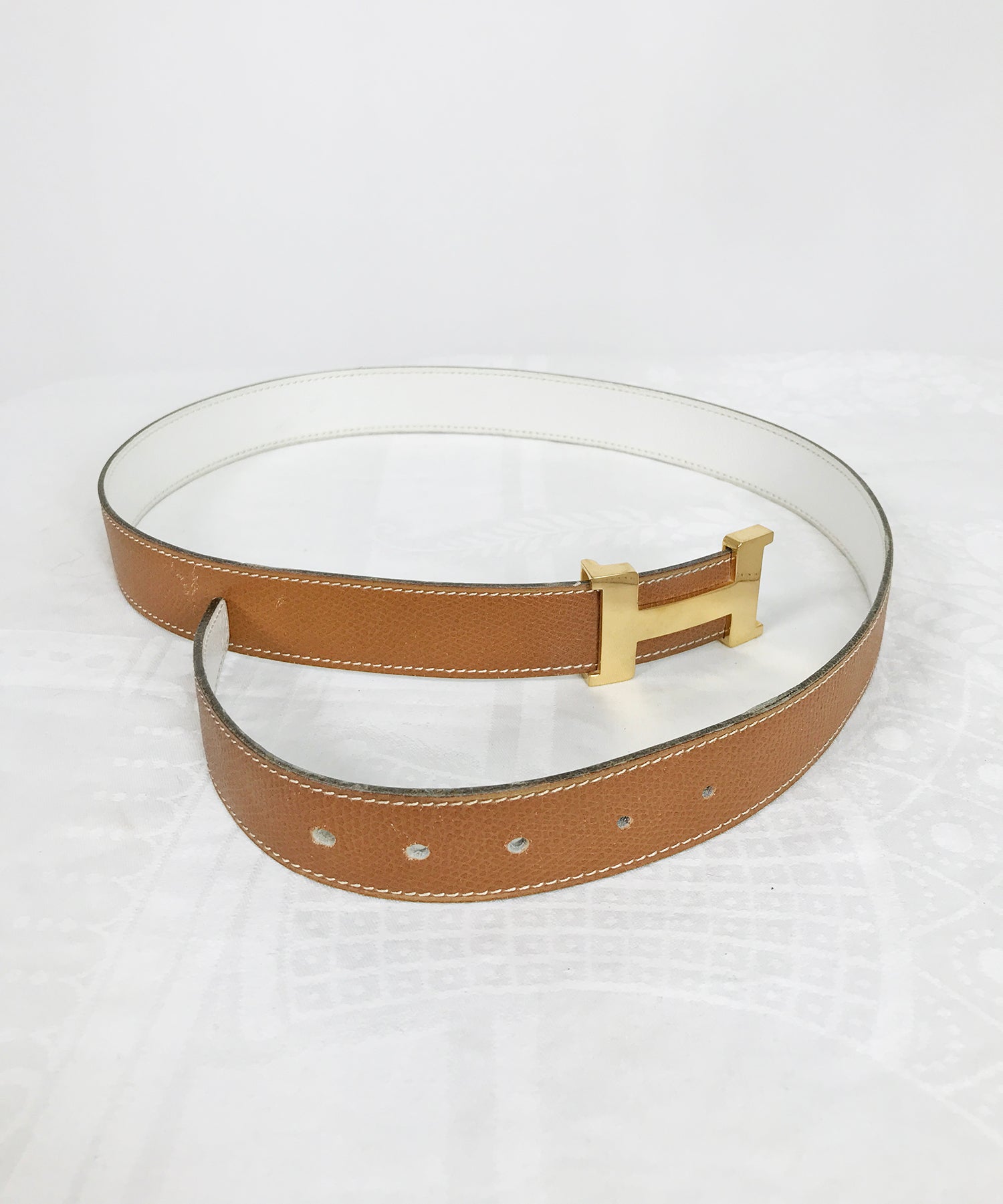 SOLD Hermes Gold Constance H Buckle and Tan Cream Belt Vintage
