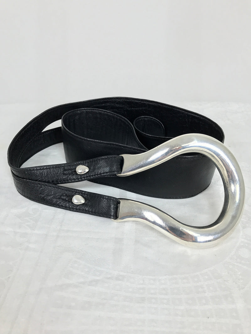 Vintage 80s Emanuel Wide Silver Buckle Belt Size M Vintage Angelo De Lombardi Wide Leather Belt Black Solid  main image 4