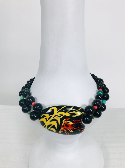 Rafael Sanchez Hand Painted Coconut Shell & Beaded Necklace 1980s