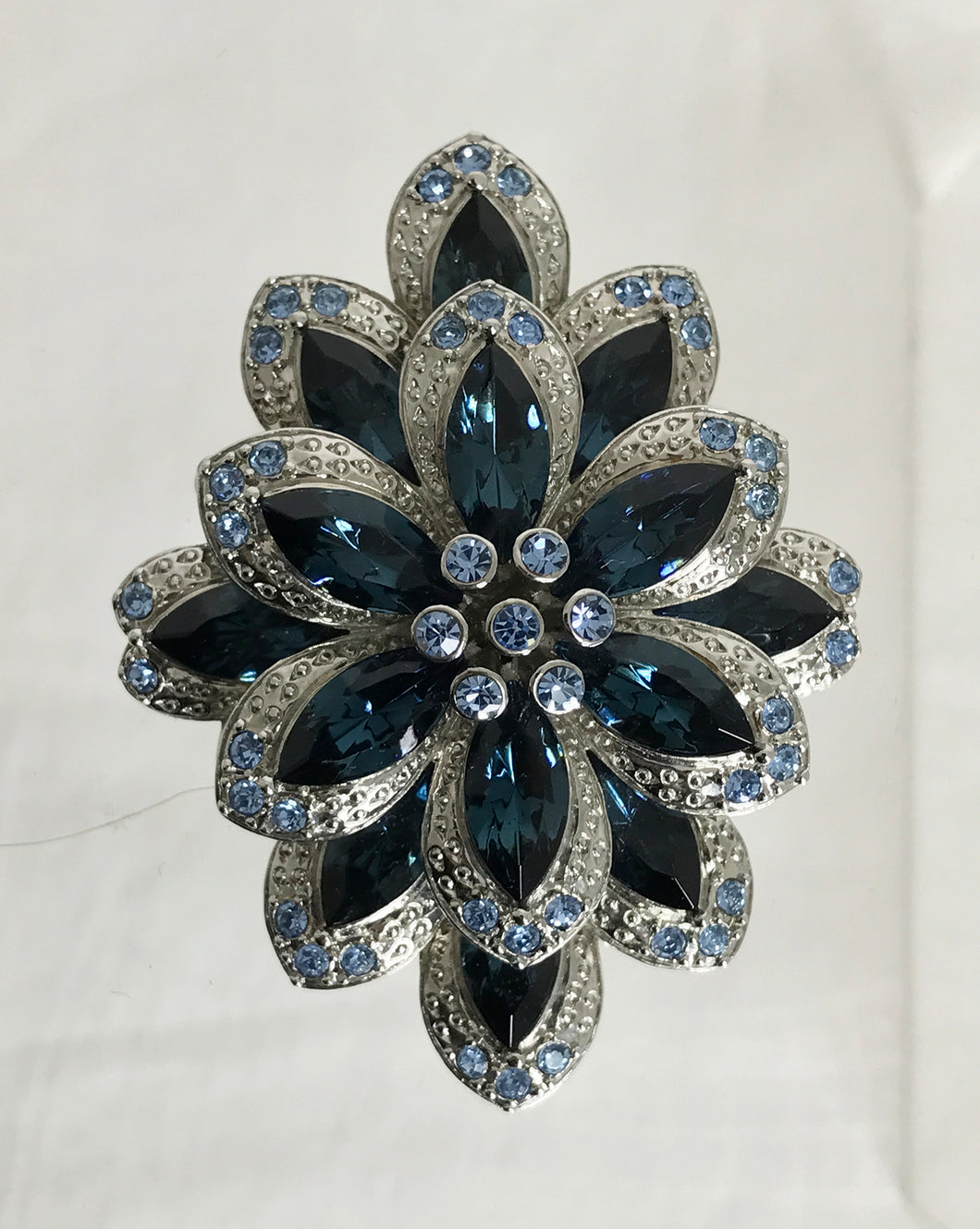 Large Faux Sapphire SIlver Metal Costume Brooch Pin