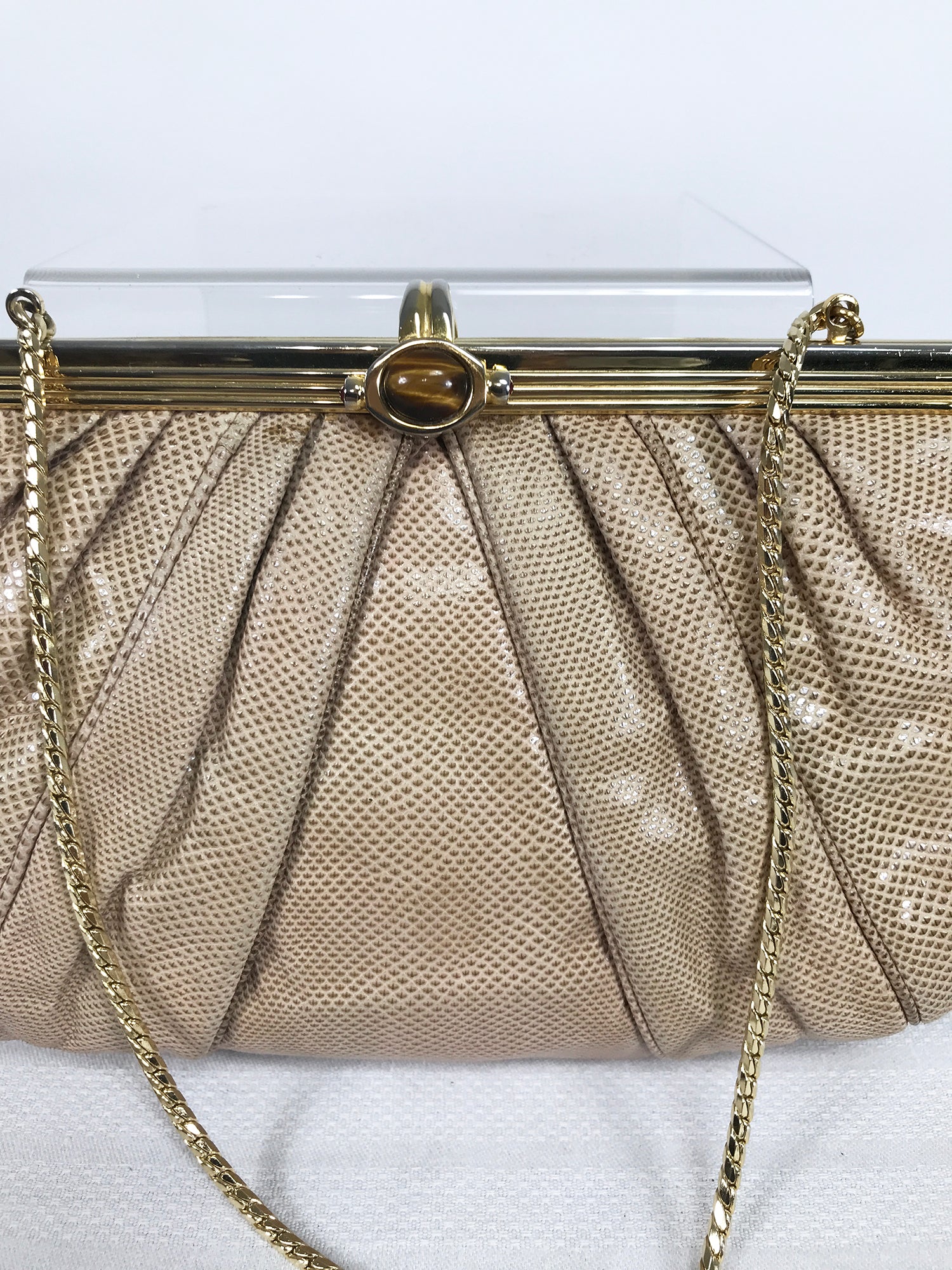 JUDITH LEIBER Nude to Brown Ombre Lizard Skin Purse Gold Straps
