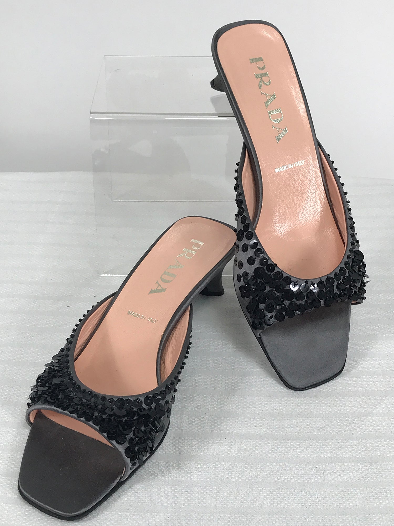 SOLD Prada Silver Satin & Black Sequin Open Toe Under Slung Heel