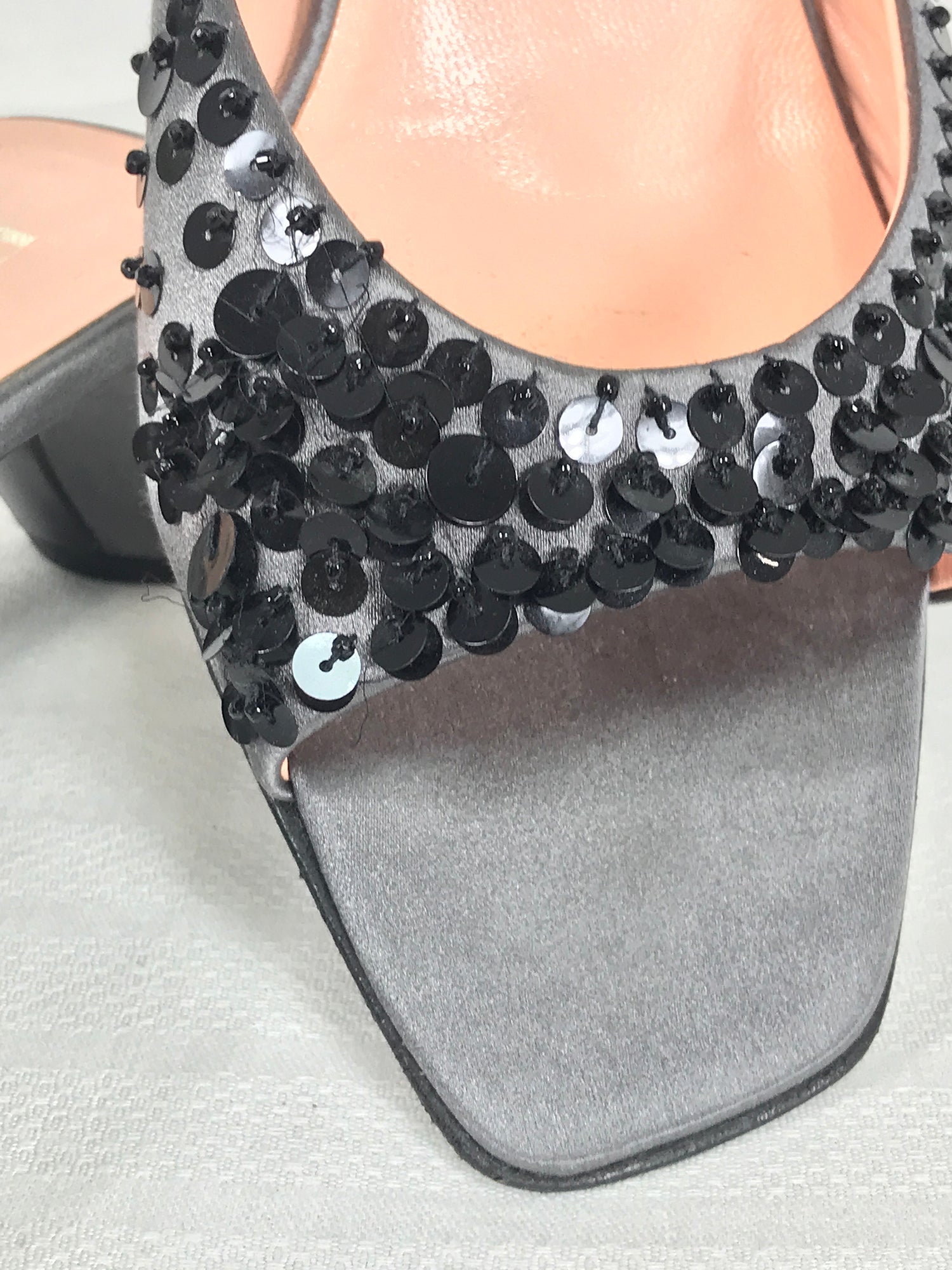 SOLD Prada Silver Satin & Black Sequin Open Toe Under Slung Heel