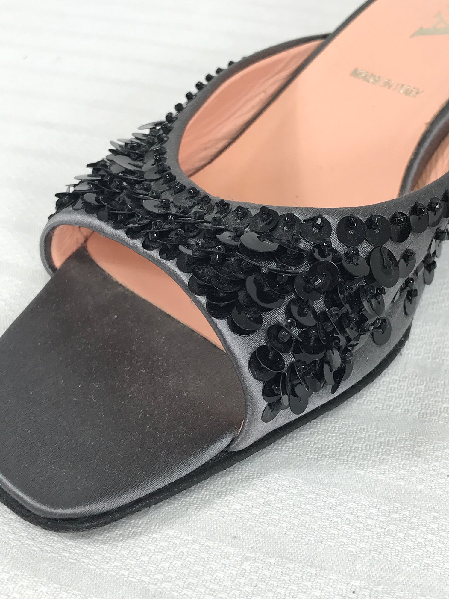 SOLD Prada Silver Satin & Black Sequin Open Toe Under Slung Heel