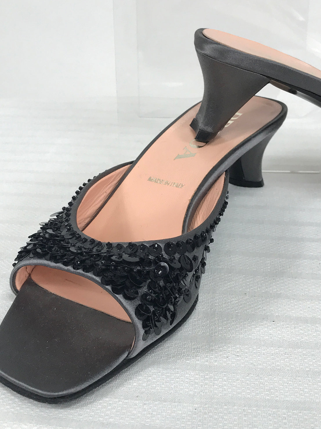 SOLD Prada Silver Satin & Black Sequin Open Toe Under Slung Heel