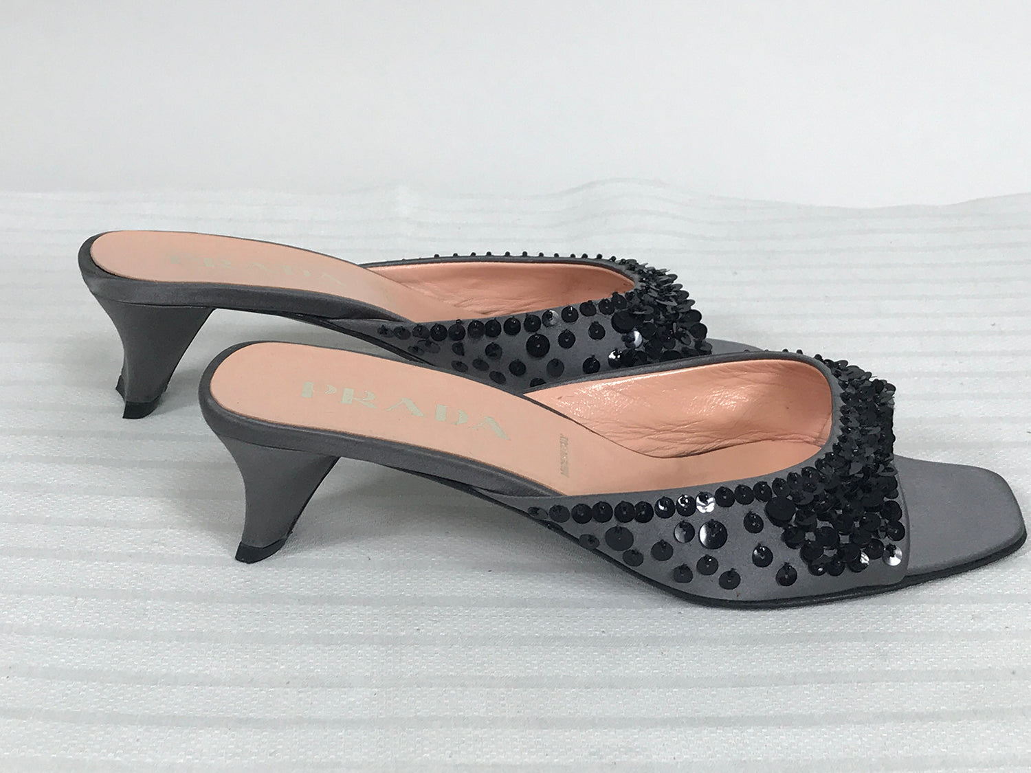 靴 99SS PRADA sequins mules black SOLD Prada Silver Satin & Black Sequin Open Toe Under Slung Heel