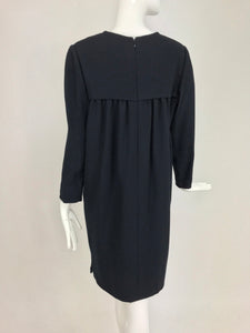 SOLD   Bill Blass Black Wool Crepe Lace Front Dress 1970s