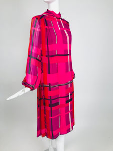 La Mendola Couture Hot Pink Silk Chiffon Modernist Print Dress 1970s