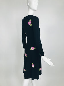 1950s Hand Knit Intarsia Floral Knit Fit & Flair Dress