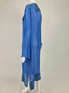 SOLD Jeannie McQueeny Beaded Blue SIlk Chiffon Caftan Dress