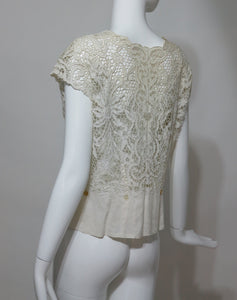 SOLD Madeira handmade cut work lace embroidered blouse 1950s