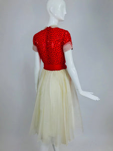 SOLD Bill Blass Red and White Sequined Organza Party Dress 1980s