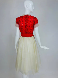 SOLD Bill Blass Red and White Sequined Organza Party Dress 1980s