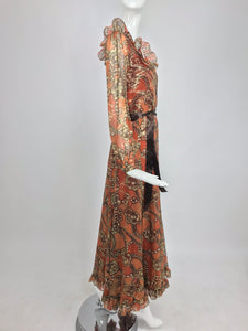 SOLD Oscar de la Renta russet print silk chiffon metallic brocade maxi dress 1970s