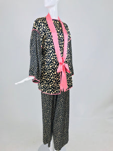 Guy Laroche Silk Evening Pajama set in Cream and Black Dots Pink Trim 1990s