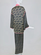 Guy Laroche Silk Evening Pajama set in Cream and Black Dots Pink Trim 1990s