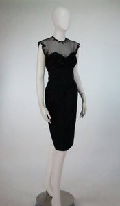 Tur Zel Miami Beach black illusion & jewel bust silk cocktail dress 1950s