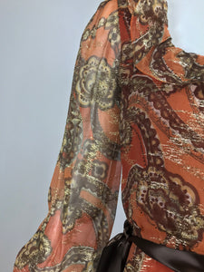 SOLD Oscar de la Renta russet print silk chiffon metallic brocade maxi dress 1970s
