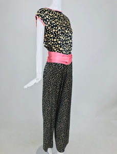 Guy Laroche Silk Evening Pajama set in Cream and Black Dots Pink Trim 1990s