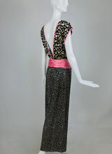 Guy Laroche Silk Evening Pajama set in Cream and Black Dots Pink Trim 1990s