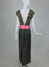 Guy Laroche Silk Evening Pajama set in Cream and Black Dots Pink Trim 1990s