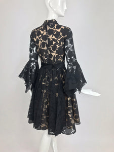 SOLD Black and Nude Voided Organza Handkerchief Sleeve Dress, 1960s