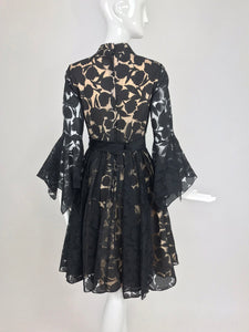 SOLD Black and Nude Voided Organza Handkerchief Sleeve Dress, 1960s