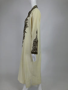 SOLD Vintage Passementerie Silk Caftan in Cream and Brown Atlas Silks Hand Made 1970s