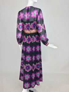 SOLD Richard Kaplan Bold Floral Print Chiffon Jewel Maxi Dress 1960s