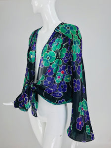 SOLD Valentino Floral Silk Chiffon Plunge Tie Front Blouse 1980s
