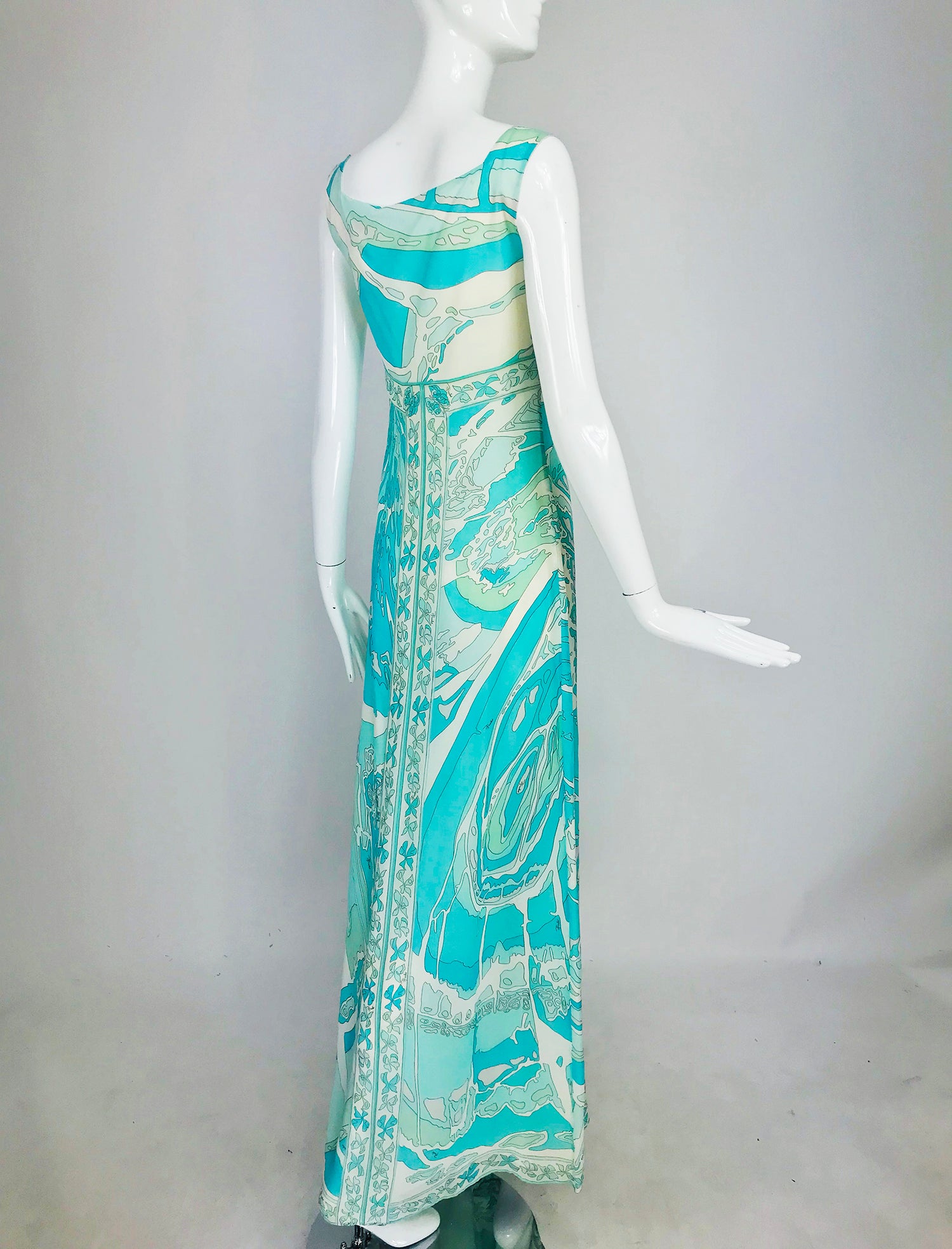 Emilio Pucci Vintage Blue Aqua Grey Psychedelic Print Tiered Ruffle Silk Chiffon Gown Dress
