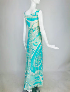 SOLD Emilio Pucci Aqua Print Silk Chiffon Maxi Dress