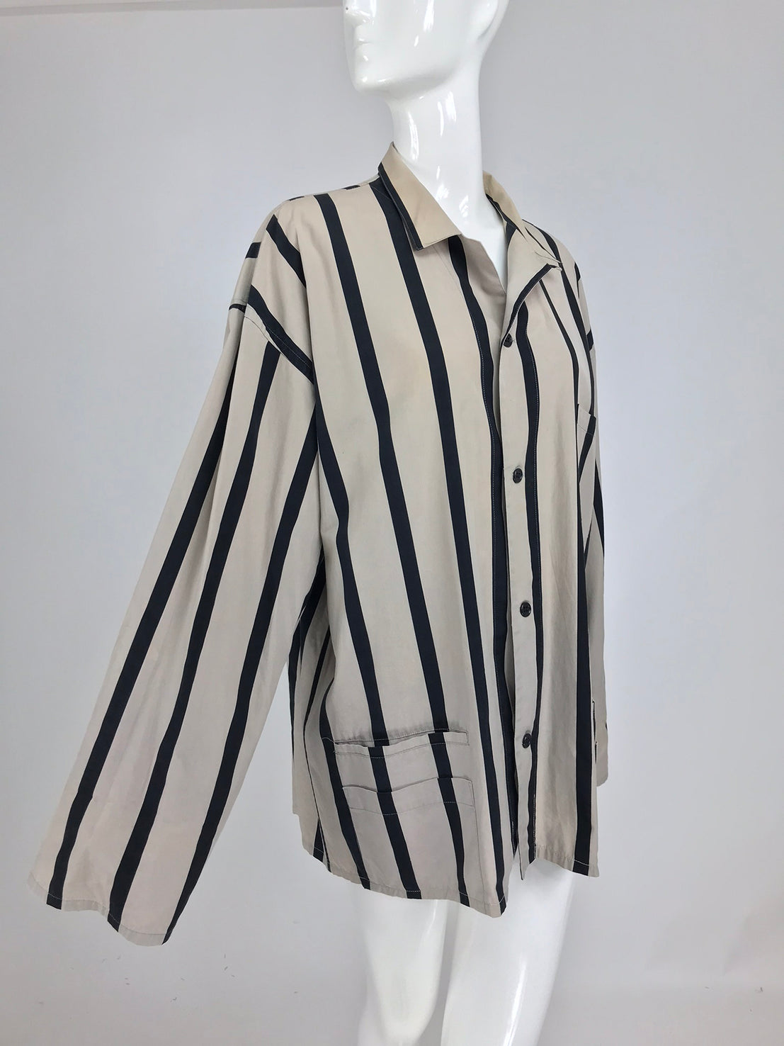 Yohji Yamamoto Mens Black and Taupe Cotton Stripe Button Front